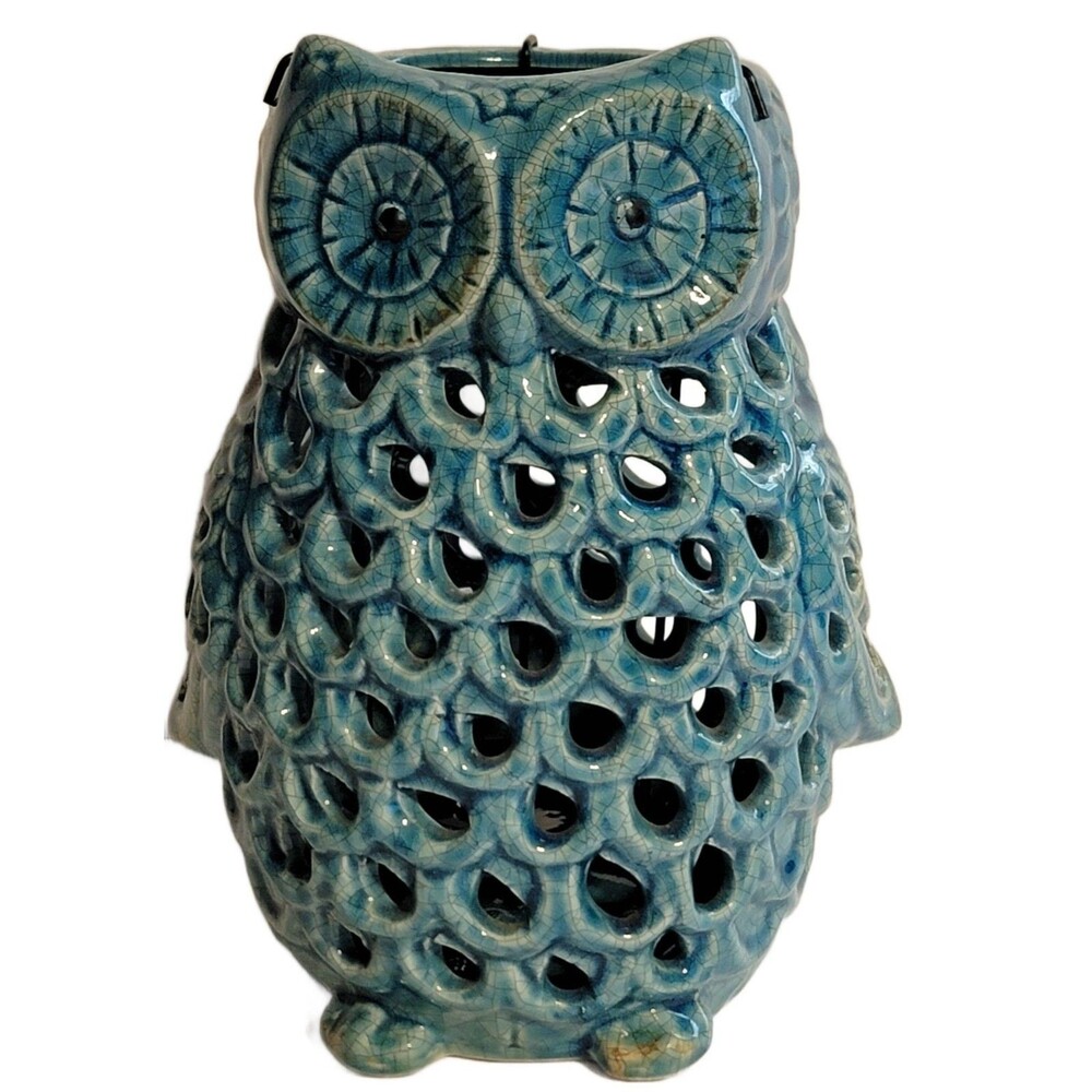 Vintage-Style Teal Blue Ceramic Owl Tea Light/Votive Crackle-Glazed